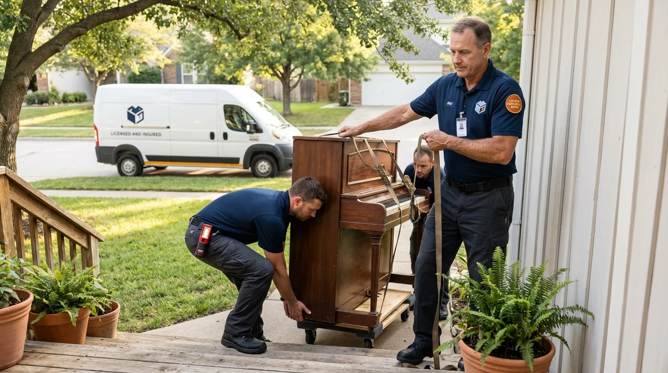 Licensed piano movers securing grand piano in Milford, IL