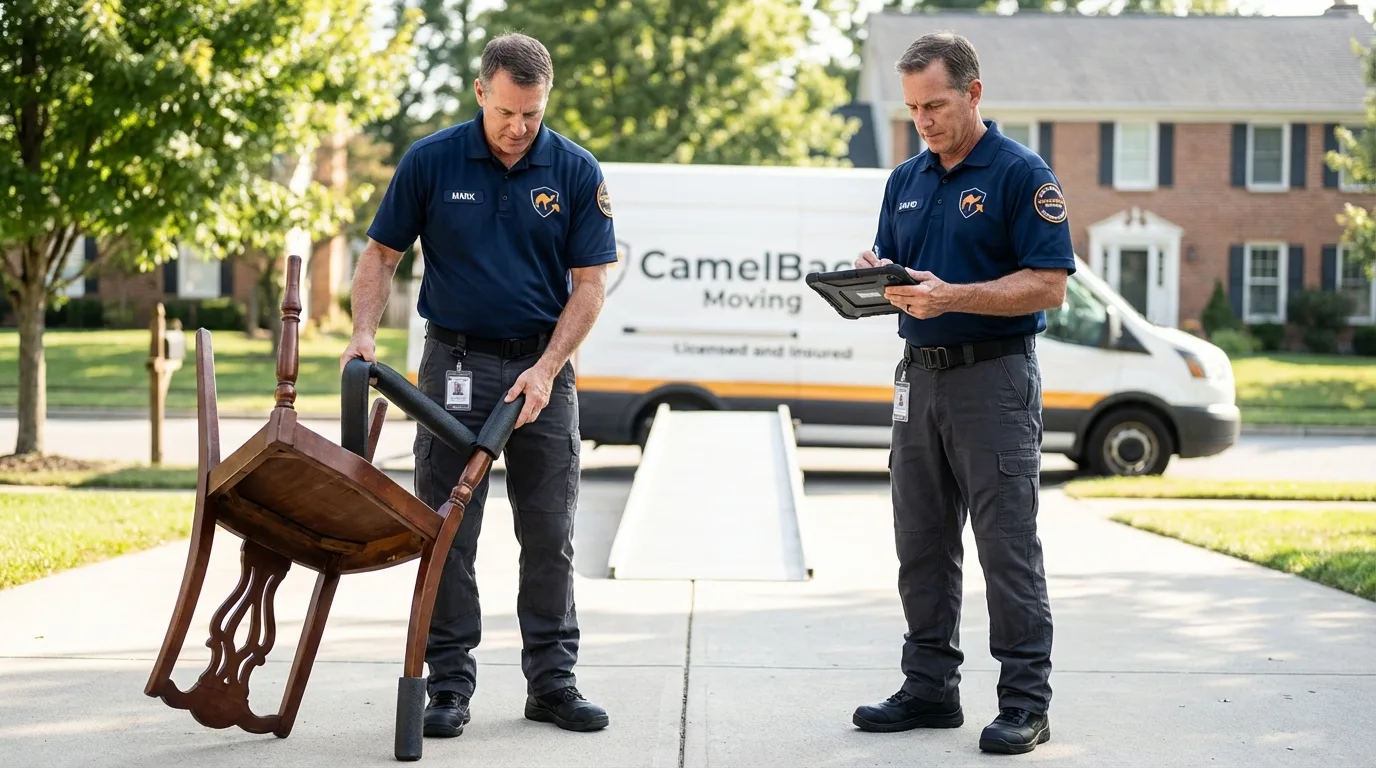 Movers inspecting furniture for damage prevention before loading in Milford, IL
