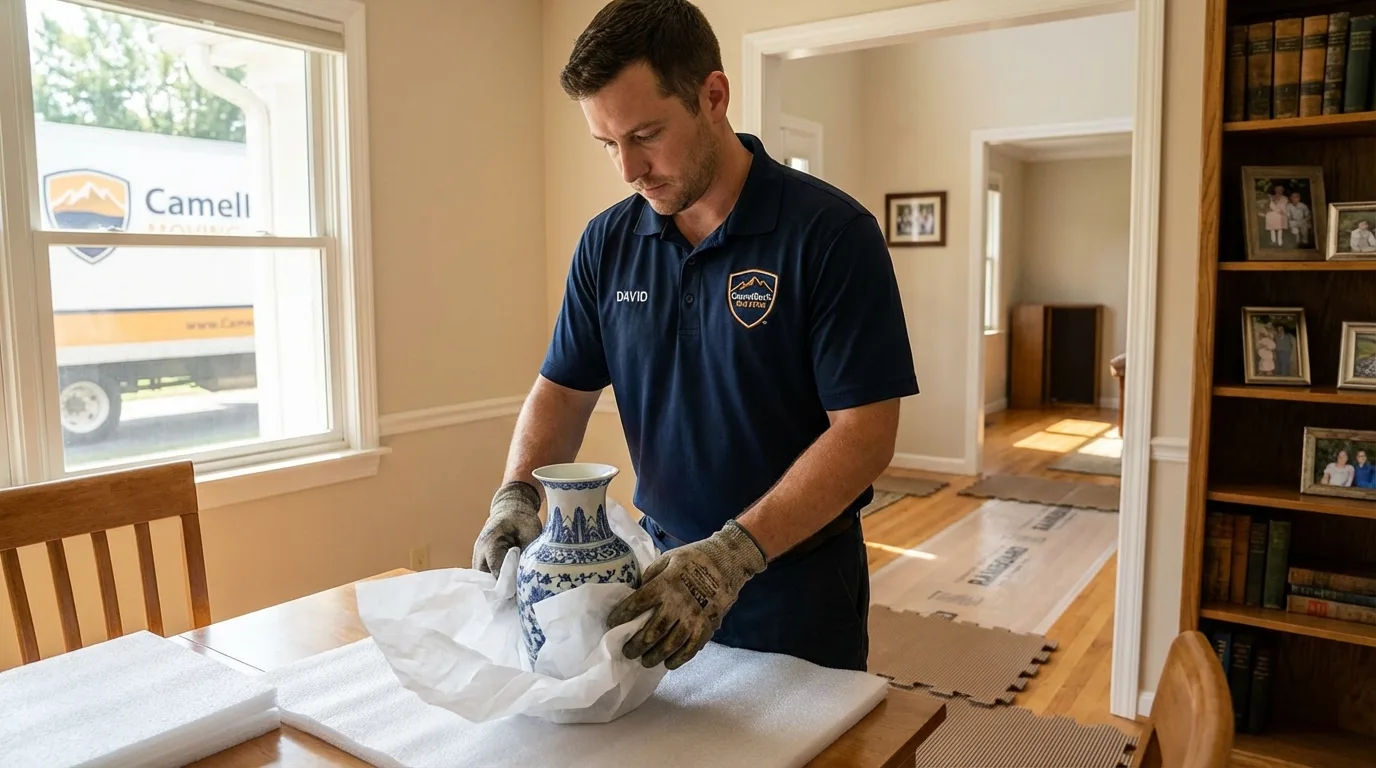 Professional crew carefully wrapping antique vase for senior downsizing move in Milford, IL