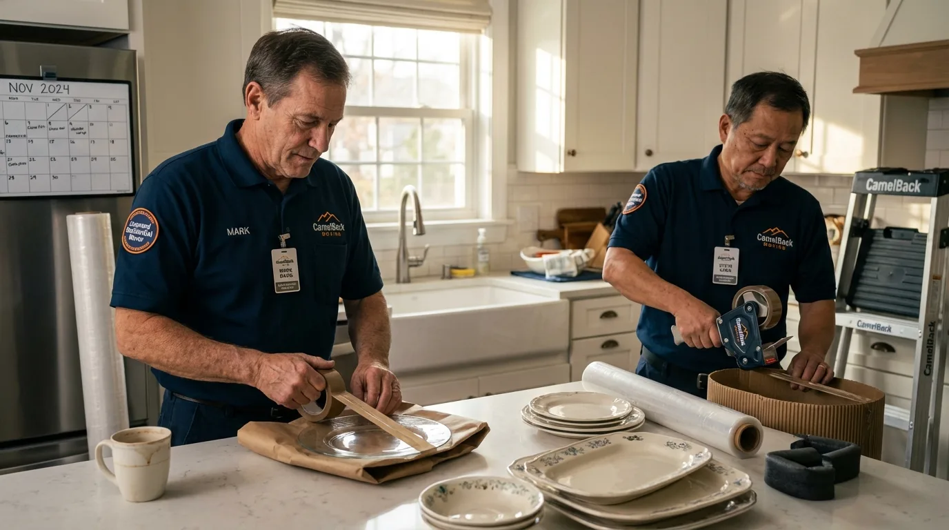 Professional crew packing kitchen dishware in Milford, IL